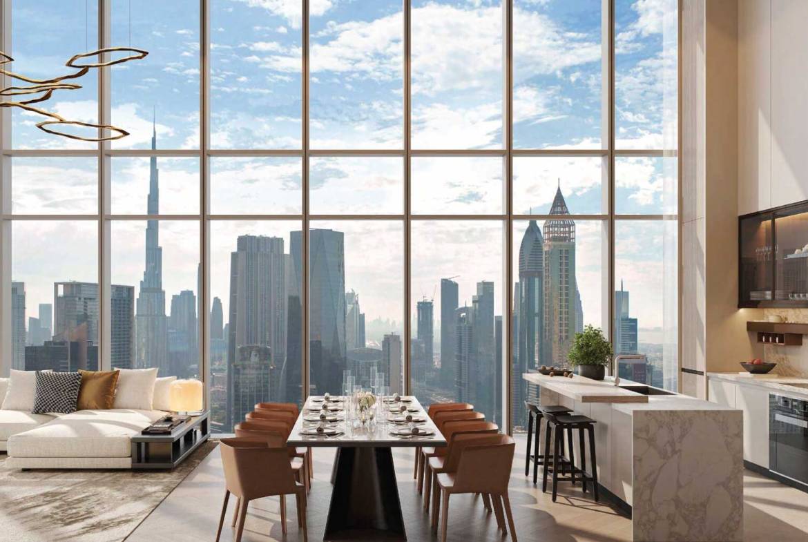Open-plan kitchen and dining area with panoramic city views