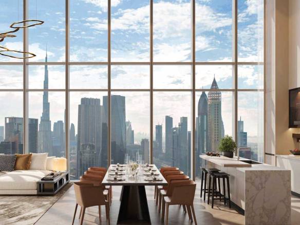 Open-plan kitchen and dining area with panoramic city views