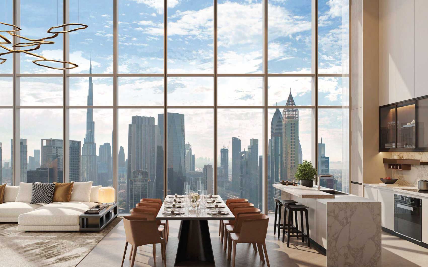 Open-plan kitchen and dining area with panoramic city views