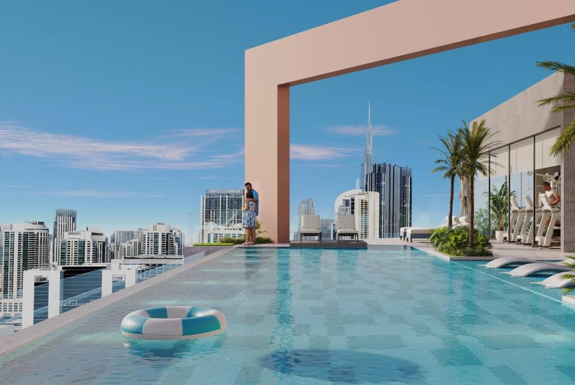 Rooftop infinity pool with panoramic Dubai skyline views