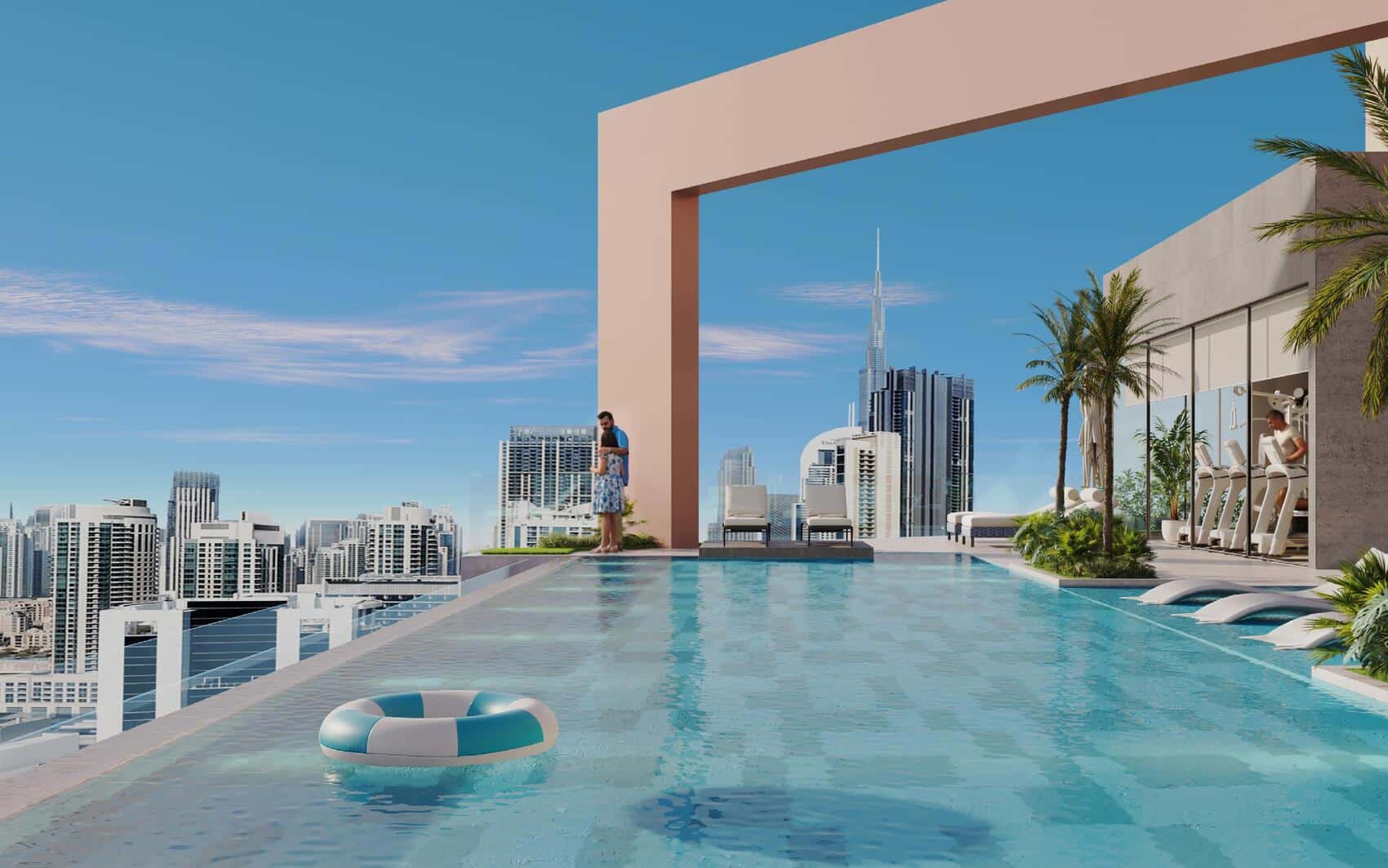 Rooftop infinity pool with panoramic Dubai skyline views
