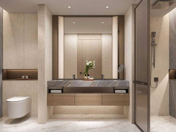 Modern bathroom with floating vanity, marble accents, and walk-in shower