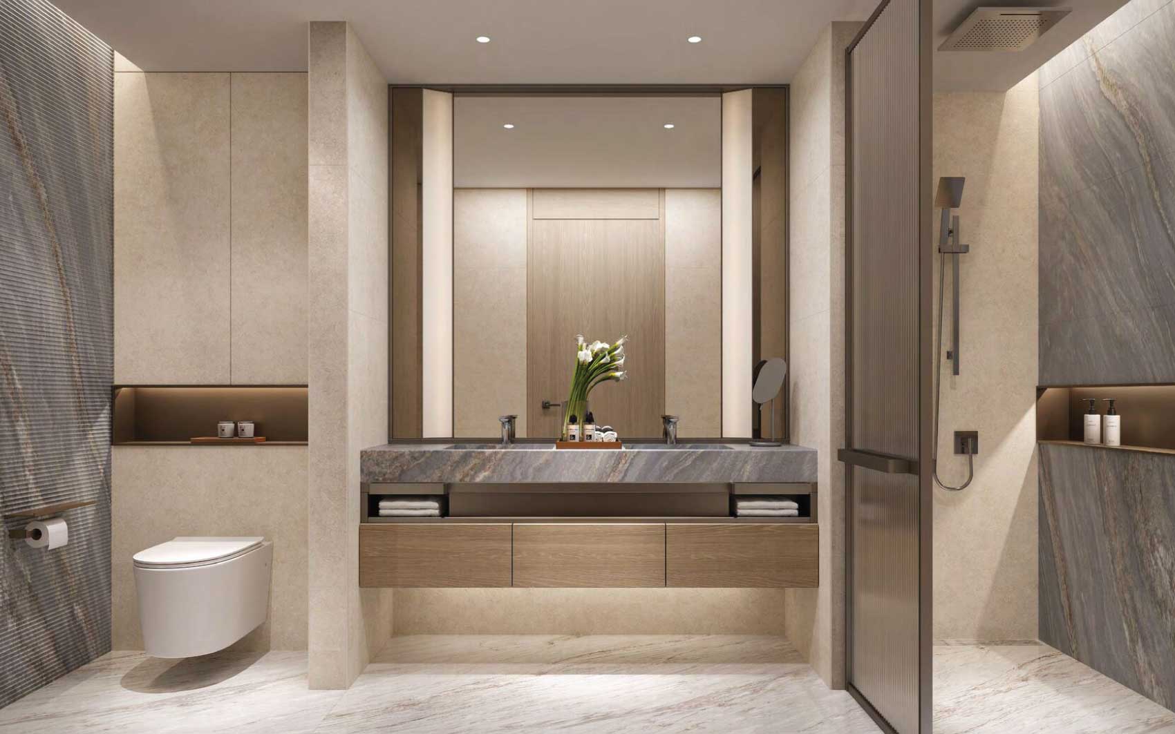 Modern bathroom with floating vanity, marble accents, and walk-in shower