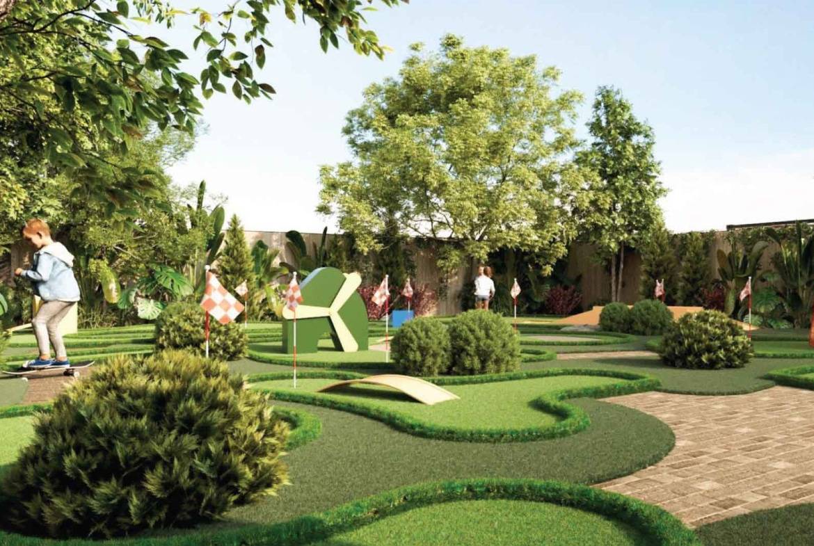 Children’s outdoor mini golf playground with greenery and fun obstacles