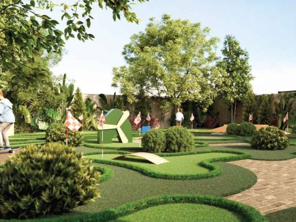 Children’s outdoor mini golf playground with greenery and fun obstacles