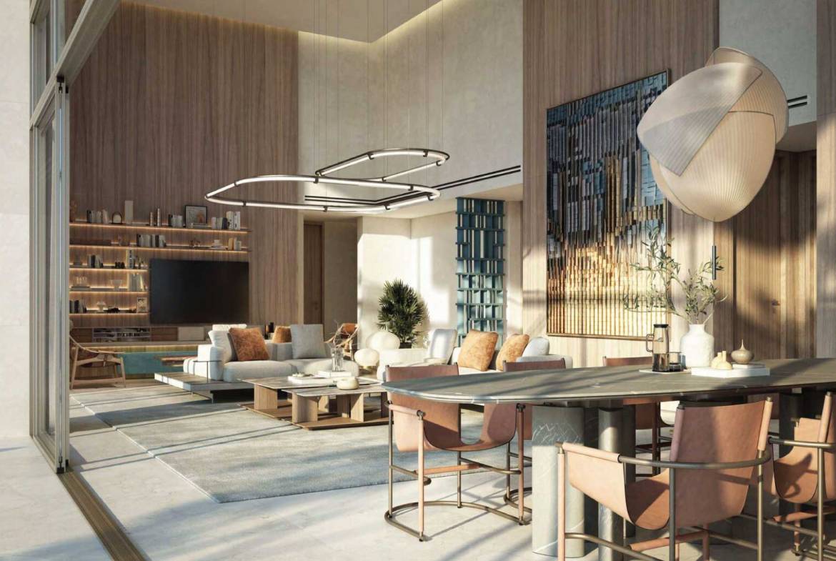 Spacious modern living and dining area with high ceilings and designer lighting