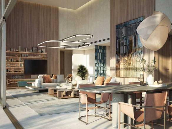 Spacious modern living and dining area with high ceilings and designer lighting