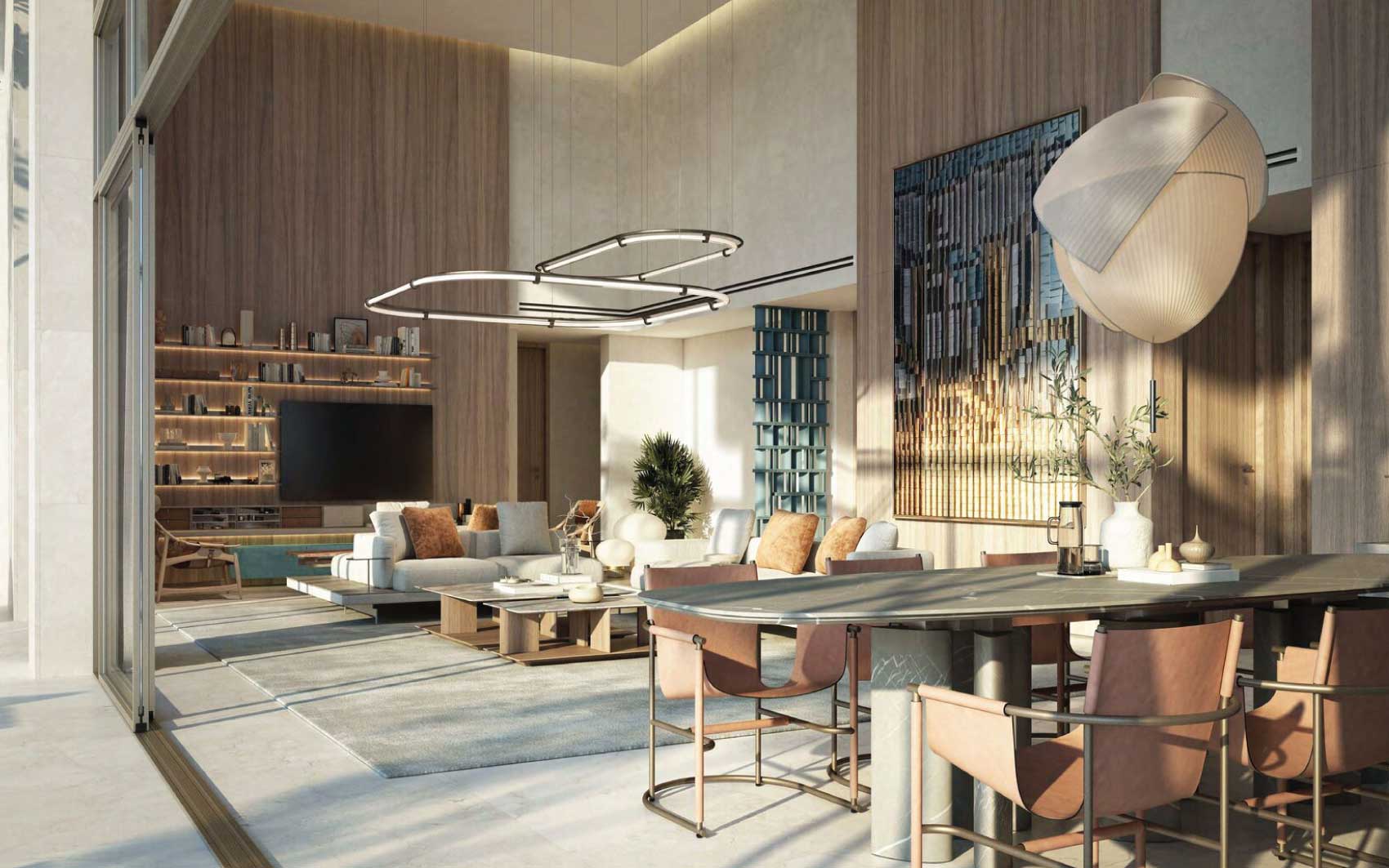 Spacious modern living and dining area with high ceilings and designer lighting