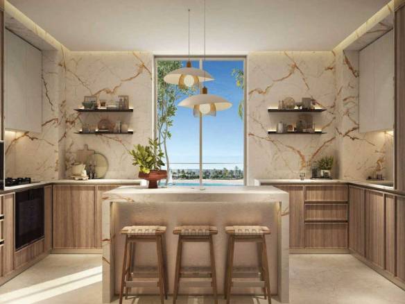Contemporary kitchen with marble backsplash, wooden cabinetry, and ocean view