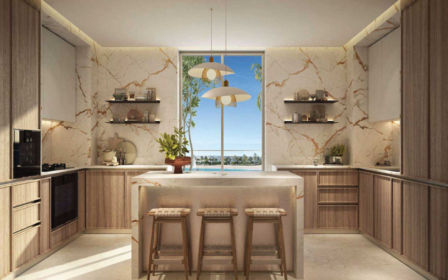 Contemporary kitchen with marble backsplash, wooden cabinetry, and ocean view