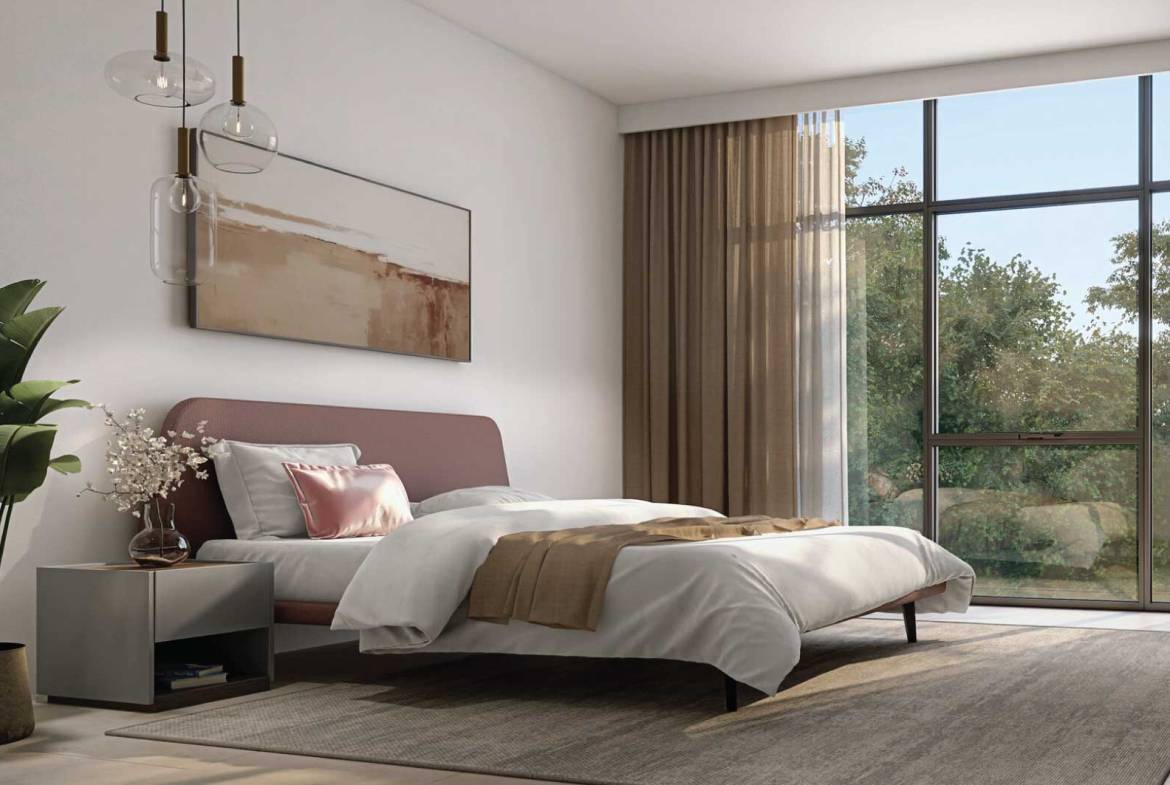 Minimalist bedroom with large windows, soft neutral tones, and modern pendant lighting