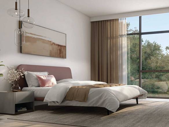 Minimalist bedroom with large windows, soft neutral tones, and modern pendant lighting