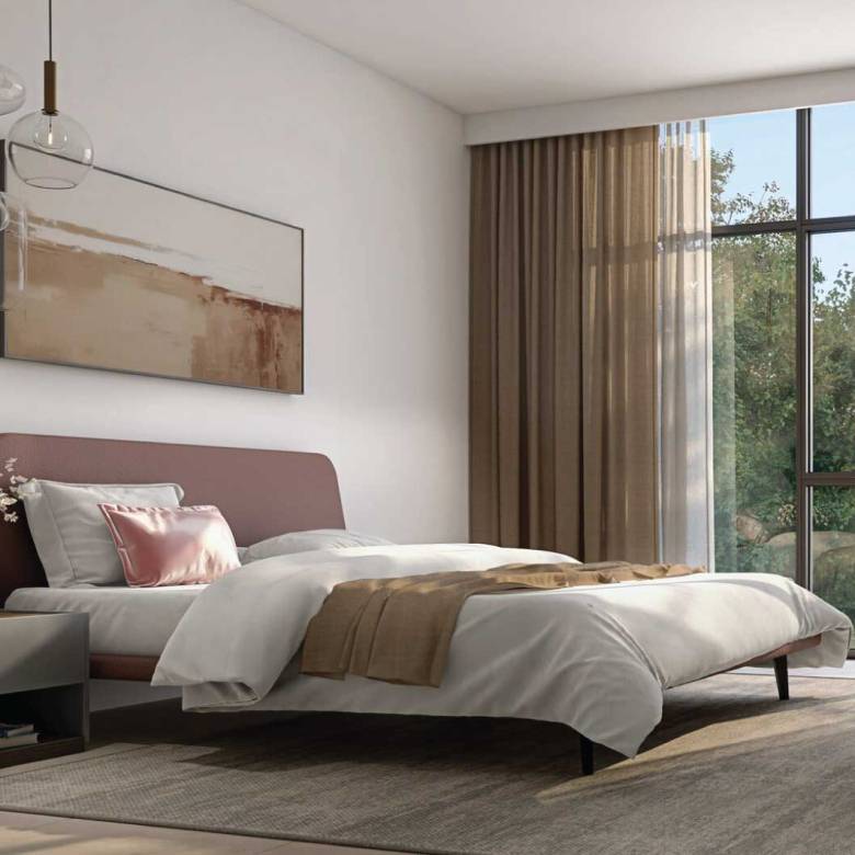 Minimalist bedroom with large windows, soft neutral tones, and modern pendant lighting
