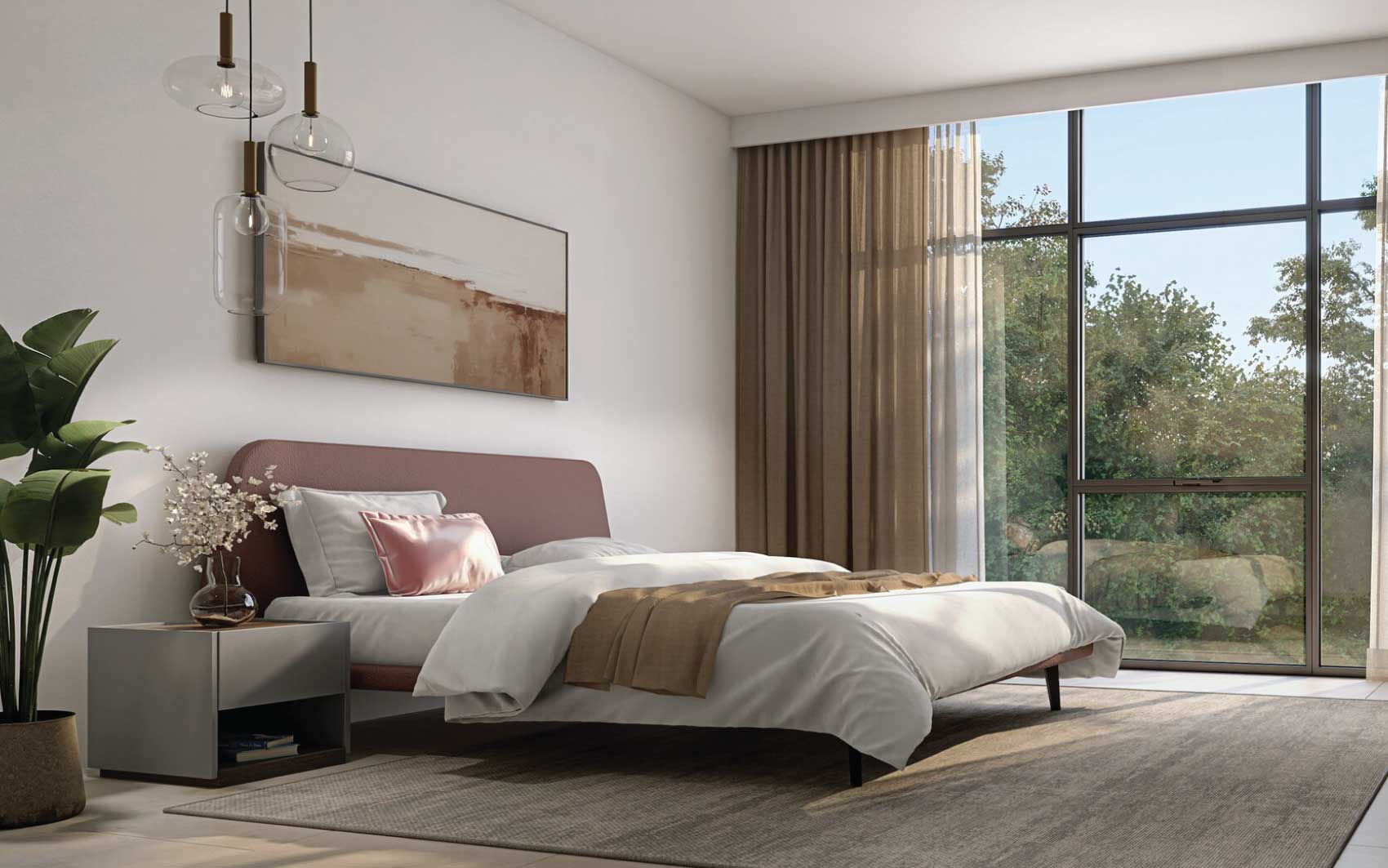 Minimalist bedroom with large windows, soft neutral tones, and modern pendant lighting