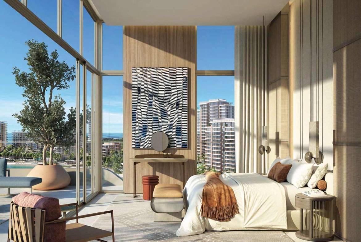 Luxury bedroom with floor-to-ceiling windows and balcony overlooking modern cityscape