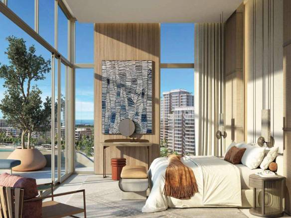 Luxury bedroom with floor-to-ceiling windows and balcony overlooking modern cityscape