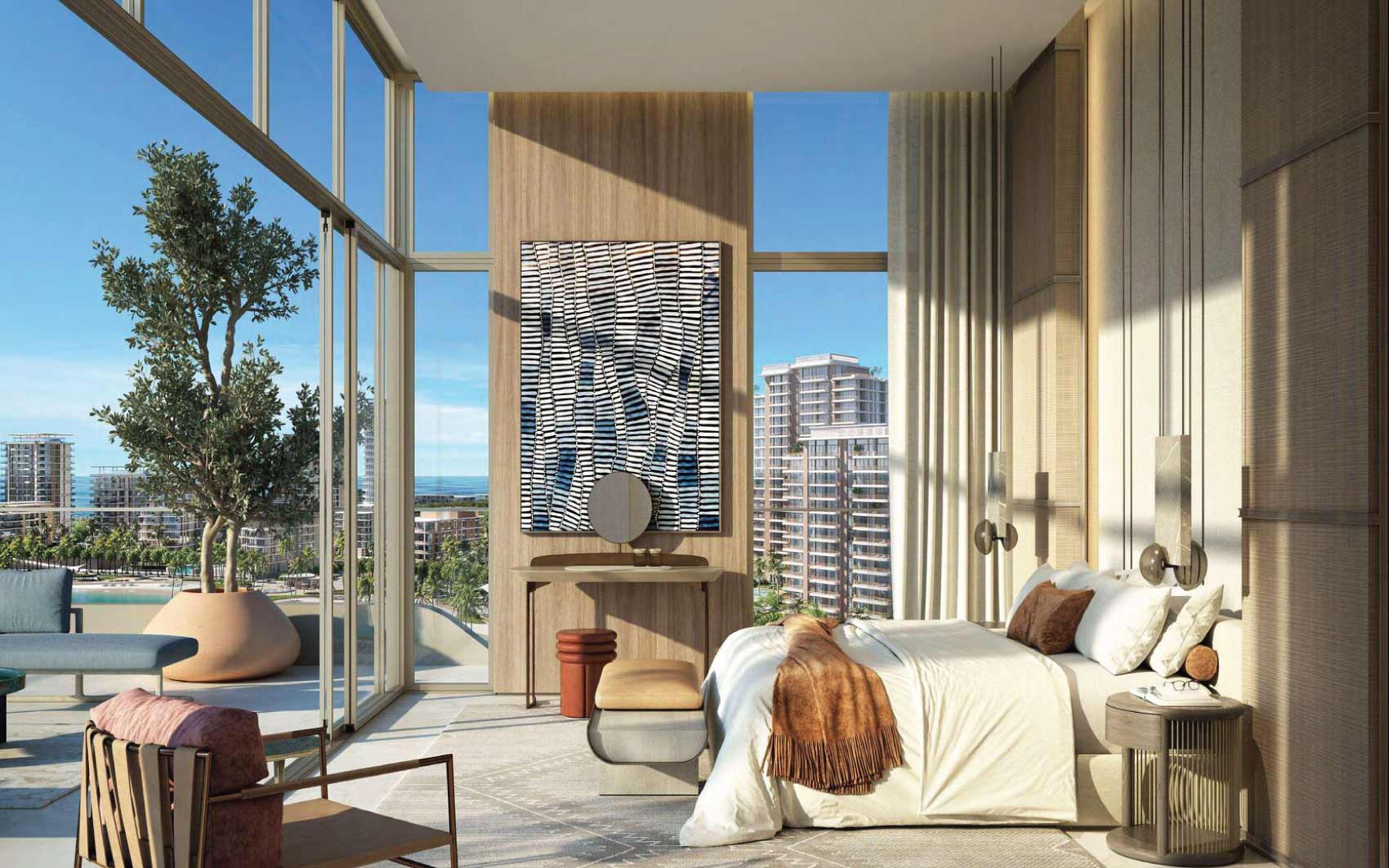 Luxury bedroom with floor-to-ceiling windows and balcony overlooking modern cityscape