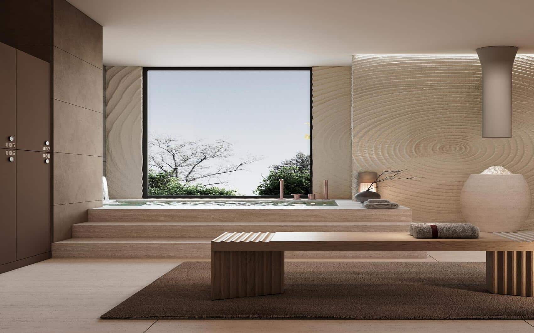 Minimalist spa room with wooden bench, textured walls, and private hot tub