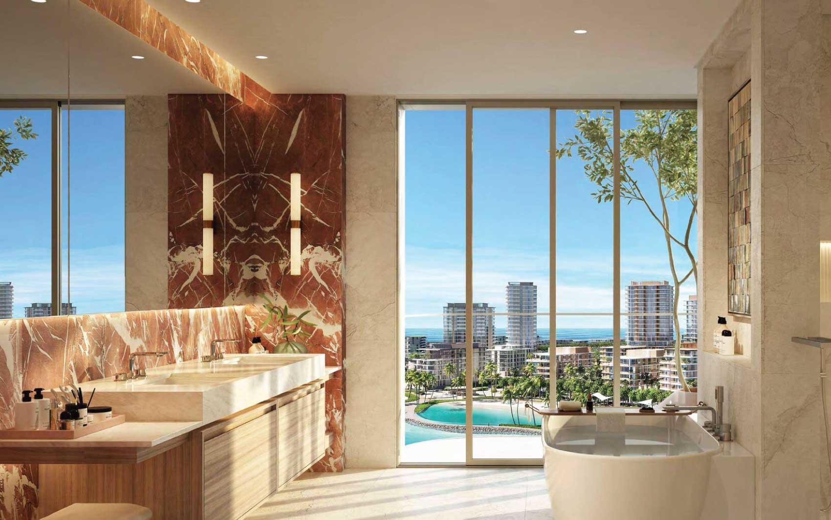 Elegant bathroom with marble accents, dual sinks, and ocean view from large windows