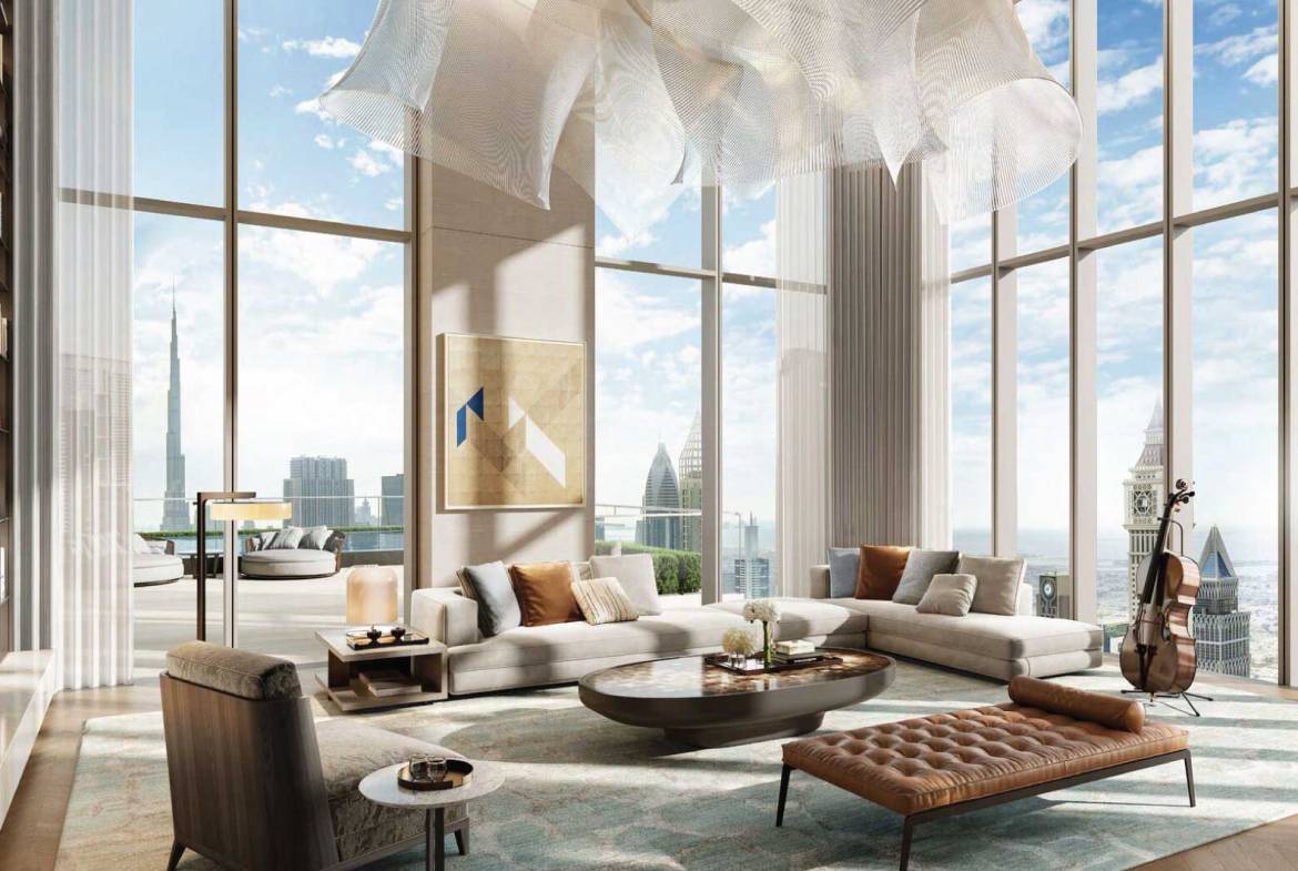Spacious modern living room with floor-to-ceiling windows overlooking Dubai skyline