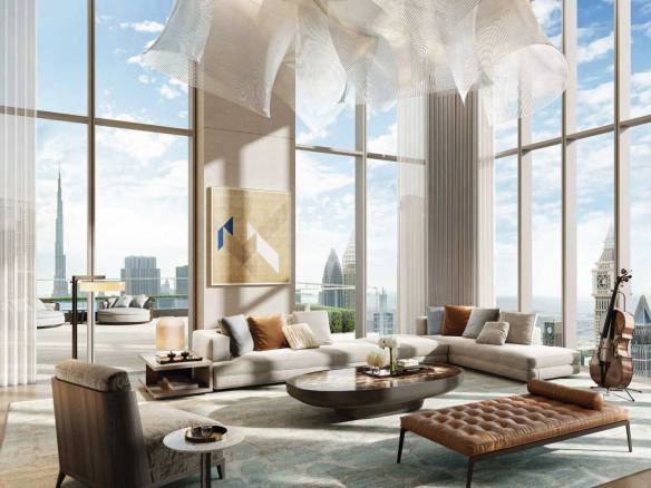 Spacious modern living room with floor-to-ceiling windows overlooking Dubai skyline
