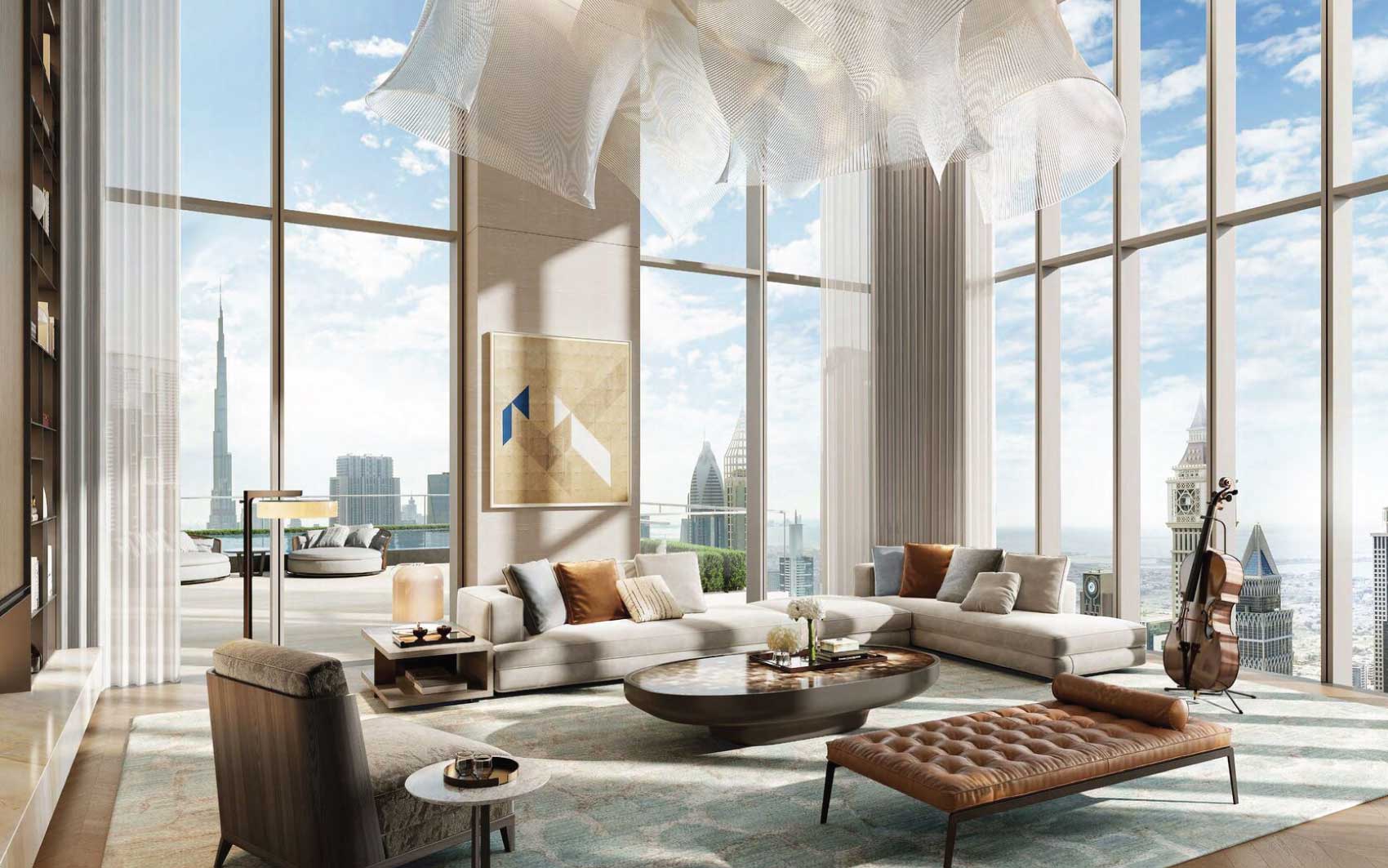 Spacious modern living room with floor-to-ceiling windows overlooking Dubai skyline
