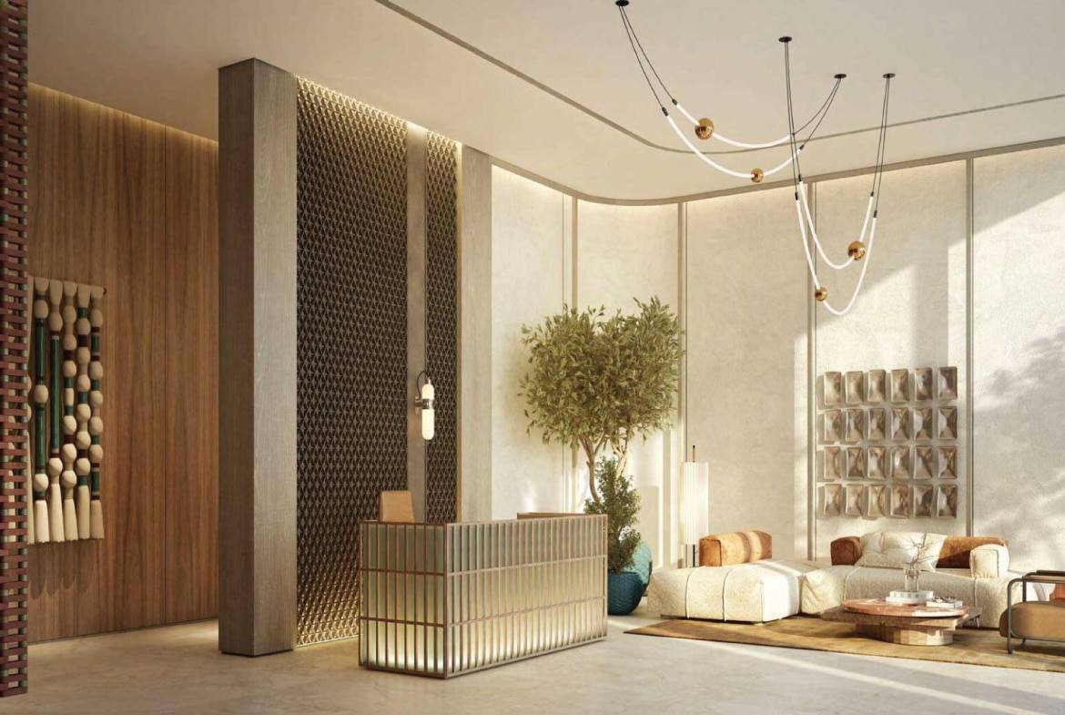 Stylish lobby with modern reception desk and designer seating area