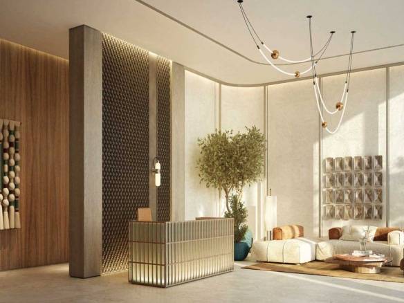 Stylish lobby with modern reception desk and designer seating area