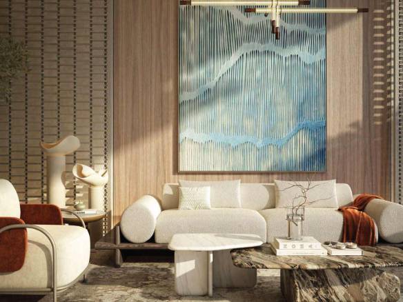 Elegant living room with contemporary furniture and abstract blue artwork