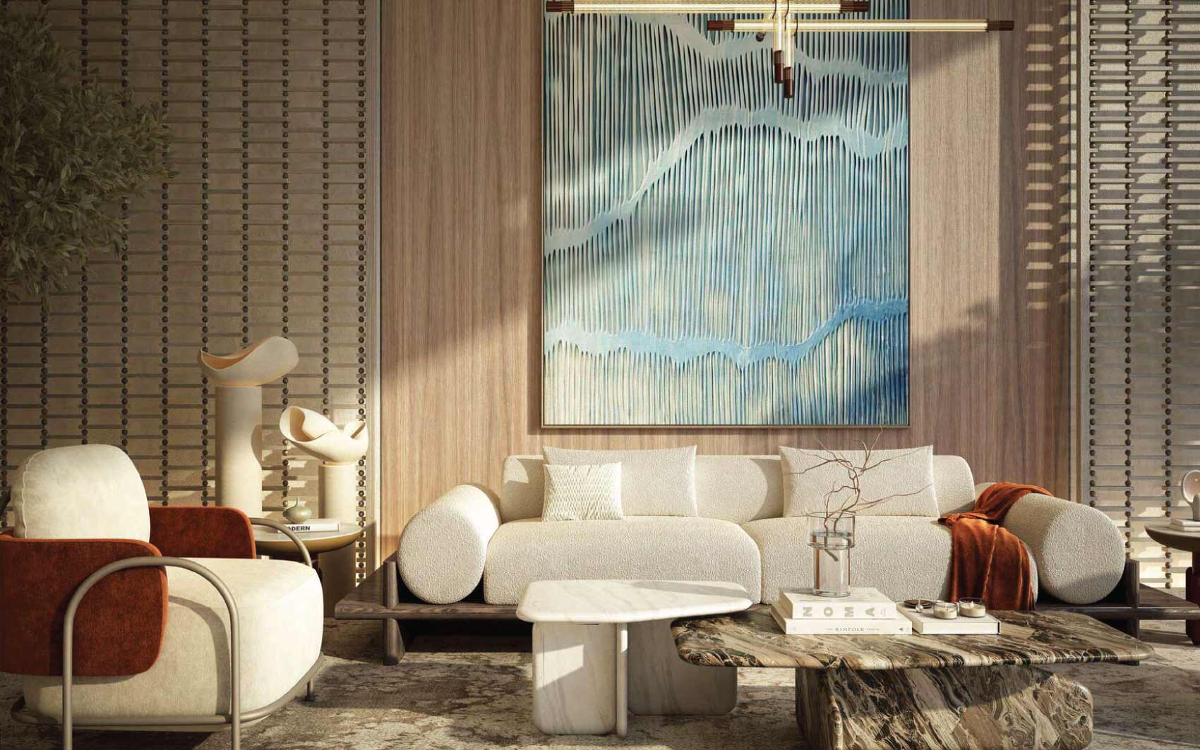 Elegant living room with contemporary furniture and abstract blue artwork