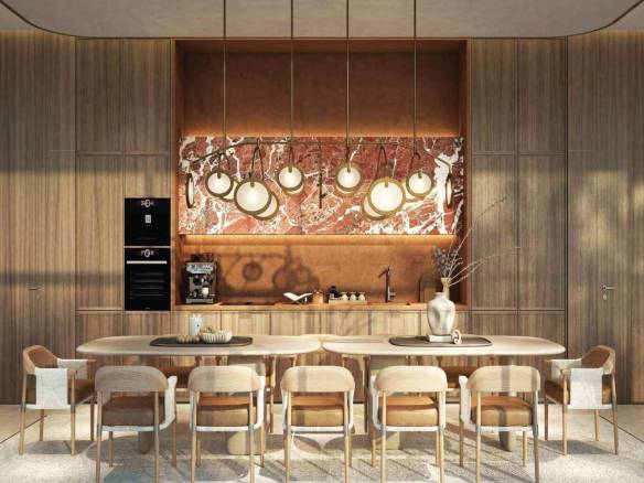 Luxury dining area with modern pendant lights and marble backsplash