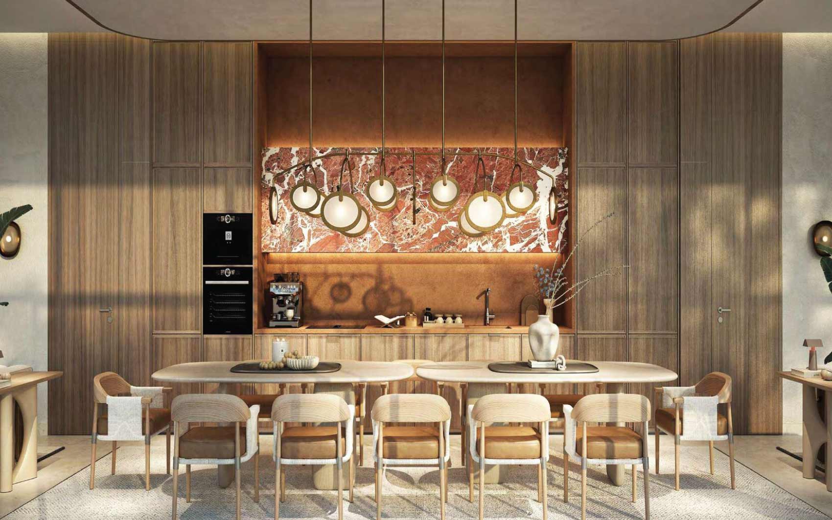 Luxury dining area with modern pendant lights and marble backsplash