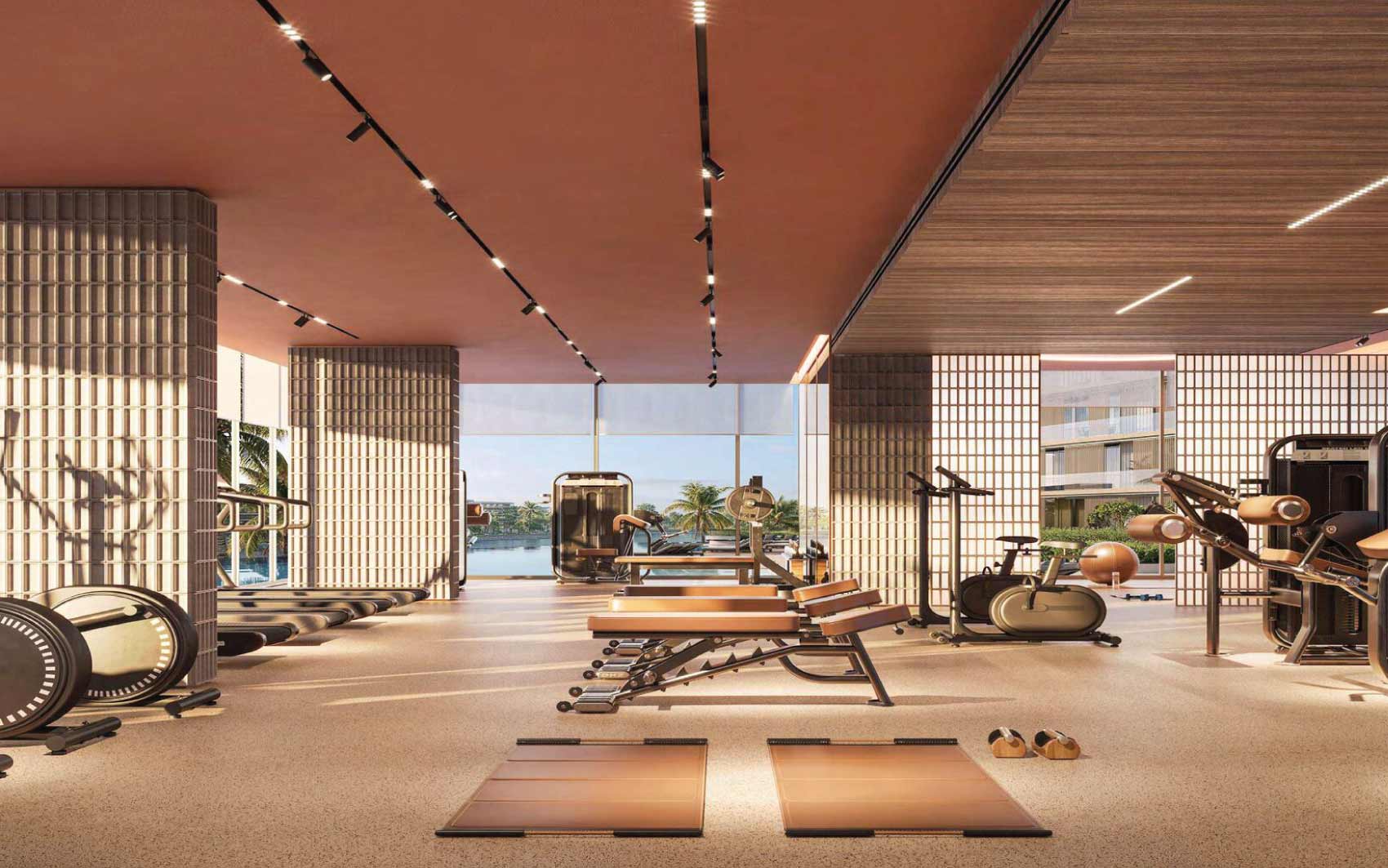 Spacious modern gym with large windows and premium fitness equipment