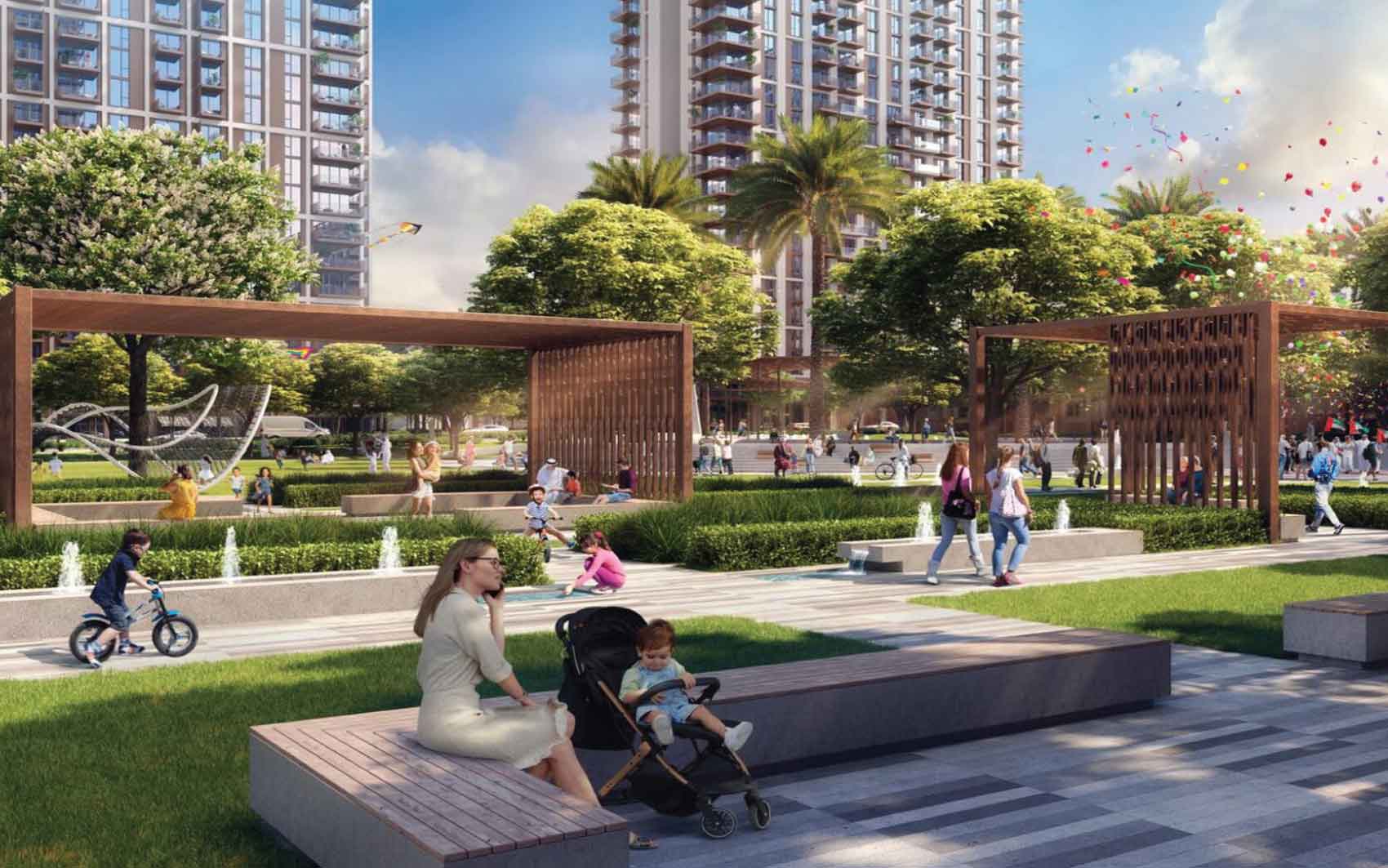 Vibrant urban park with green spaces, fountains, and people enjoying outdoor activities