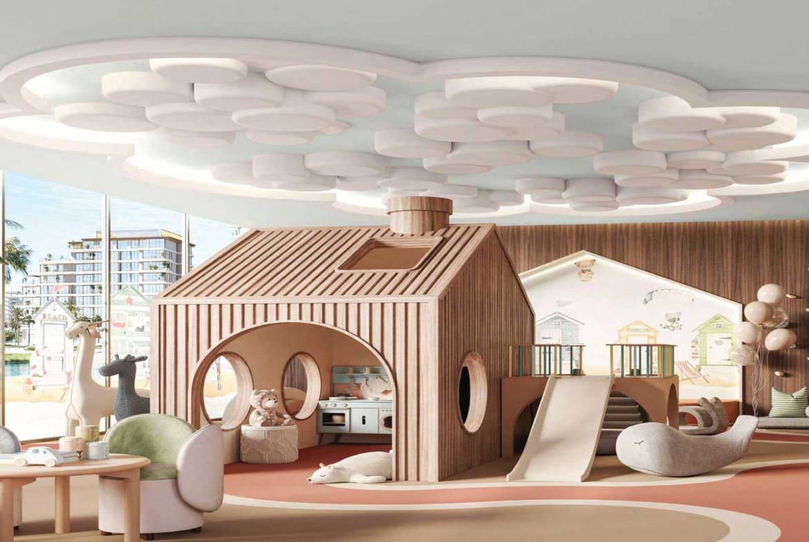 Modern indoor kids’ playroom with wooden playhouse, slide, and creative ceiling design
