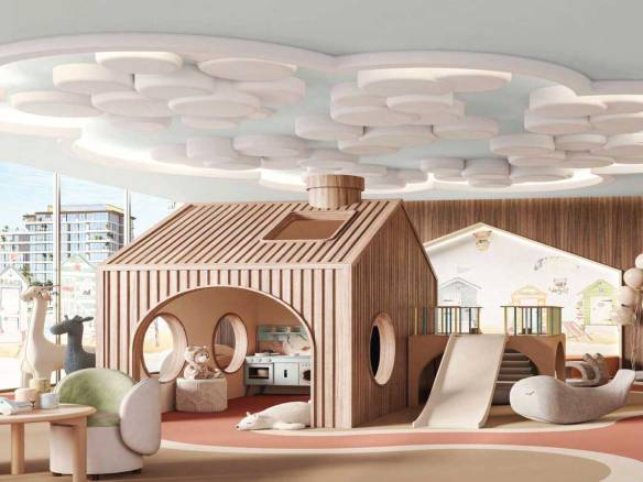 Modern indoor kids’ playroom with wooden playhouse, slide, and creative ceiling design