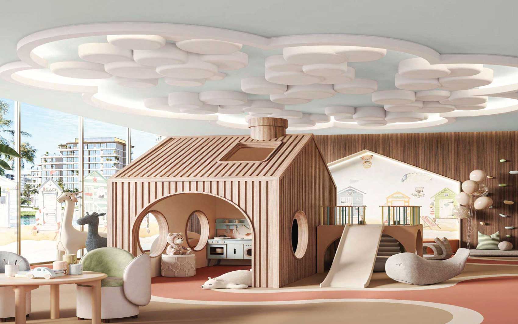 Modern indoor kids’ playroom with wooden playhouse, slide, and creative ceiling design