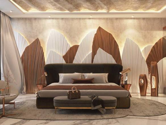 Luxurious bedroom with sculptural wall design, plush seating, and marble floors in warm tones