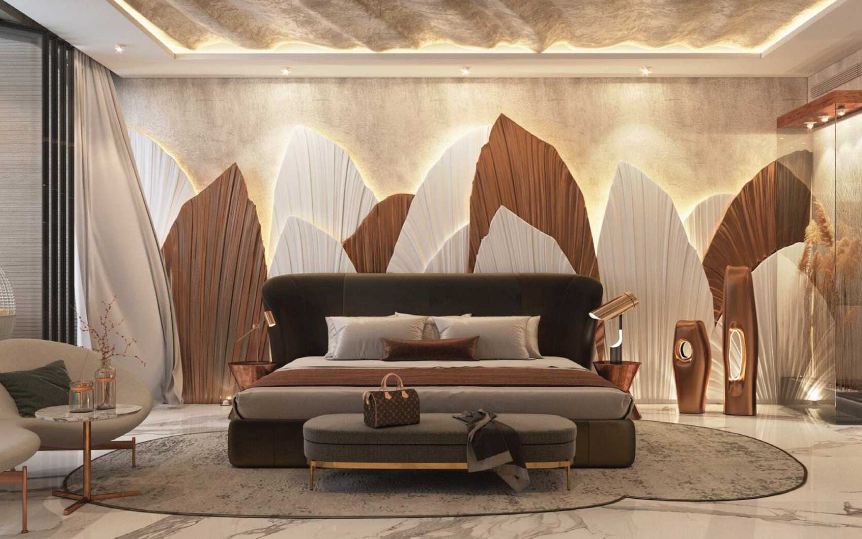 Luxurious bedroom with sculptural wall design, plush seating, and marble floors in warm tones