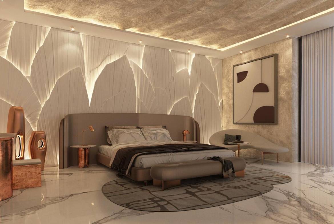 Elegant master bedroom with textured feature wall, marble flooring, and modern ambient lighting