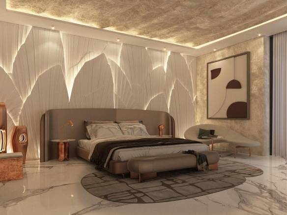 Elegant master bedroom with textured feature wall, marble flooring, and modern ambient lighting