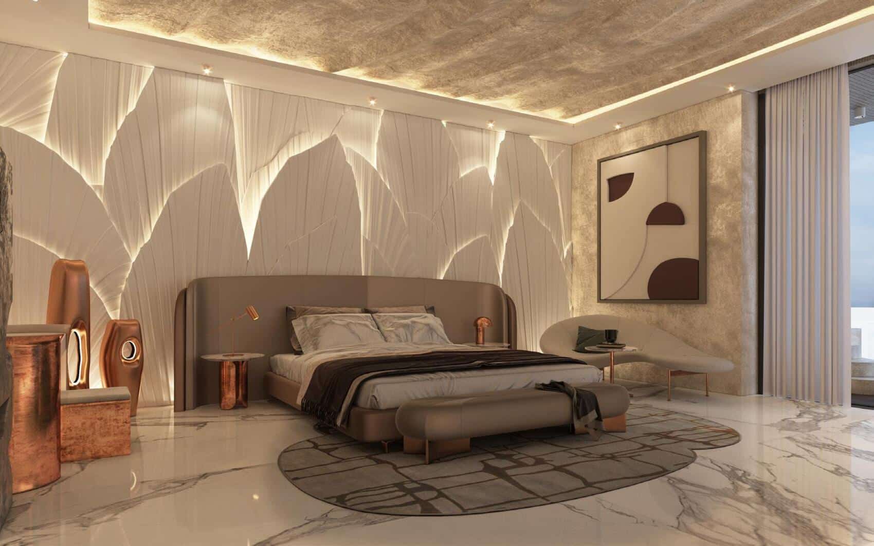 Elegant master bedroom with textured feature wall, marble flooring, and modern ambient lighting
