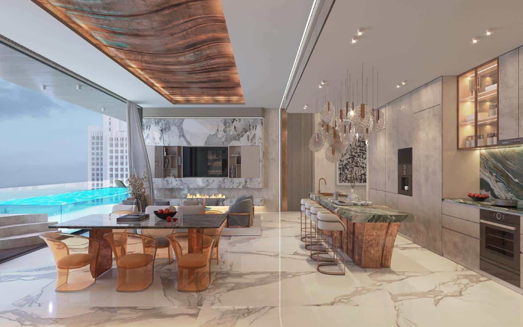 Luxury open-plan kitchen and dining area with marble finishes, designer lighting, and infinity pool view