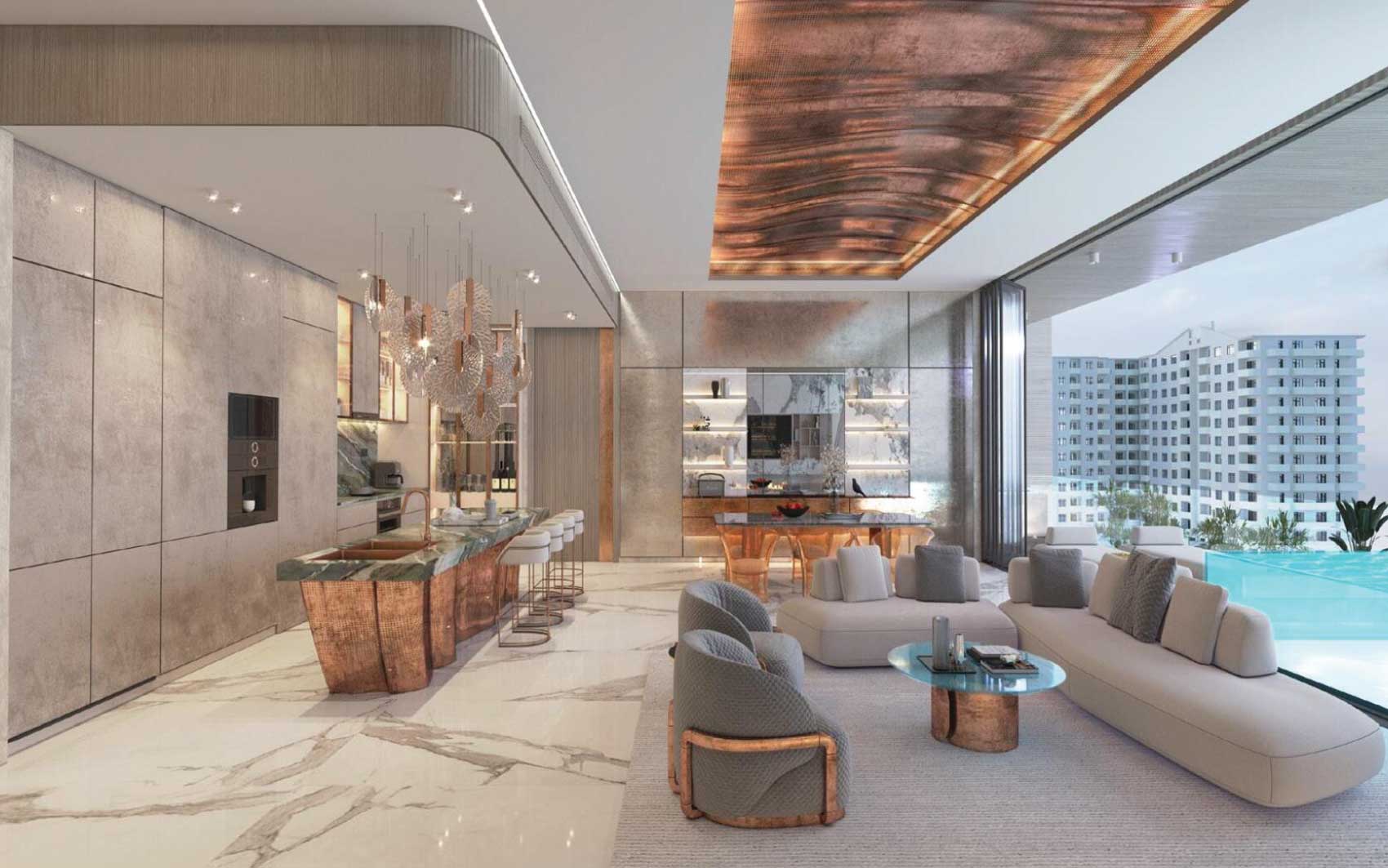 Elegant living room with copper-accented kitchen island and infinity pool view
