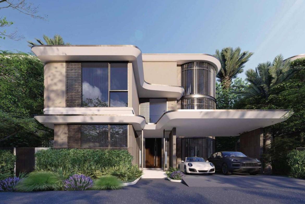 Contemporary luxury villa exterior with curved architecture and sports cars parked outside