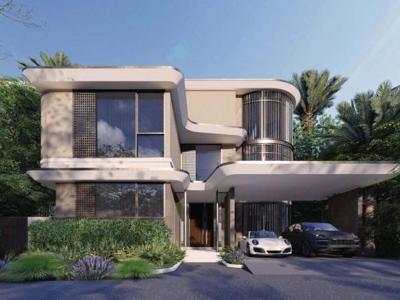 Contemporary luxury villa exterior with curved architecture and sports cars parked outside