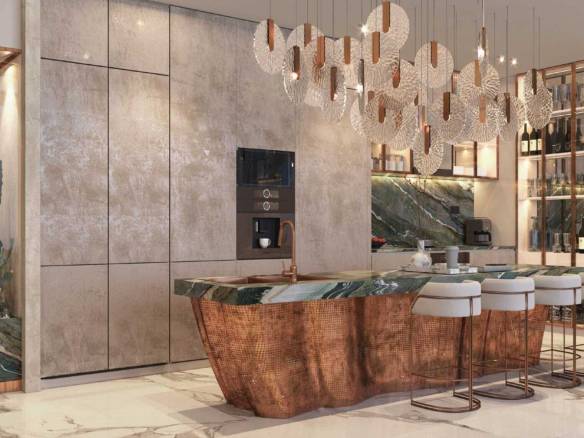 Modern kitchen with artistic copper island, marble countertops, and designer lighting
