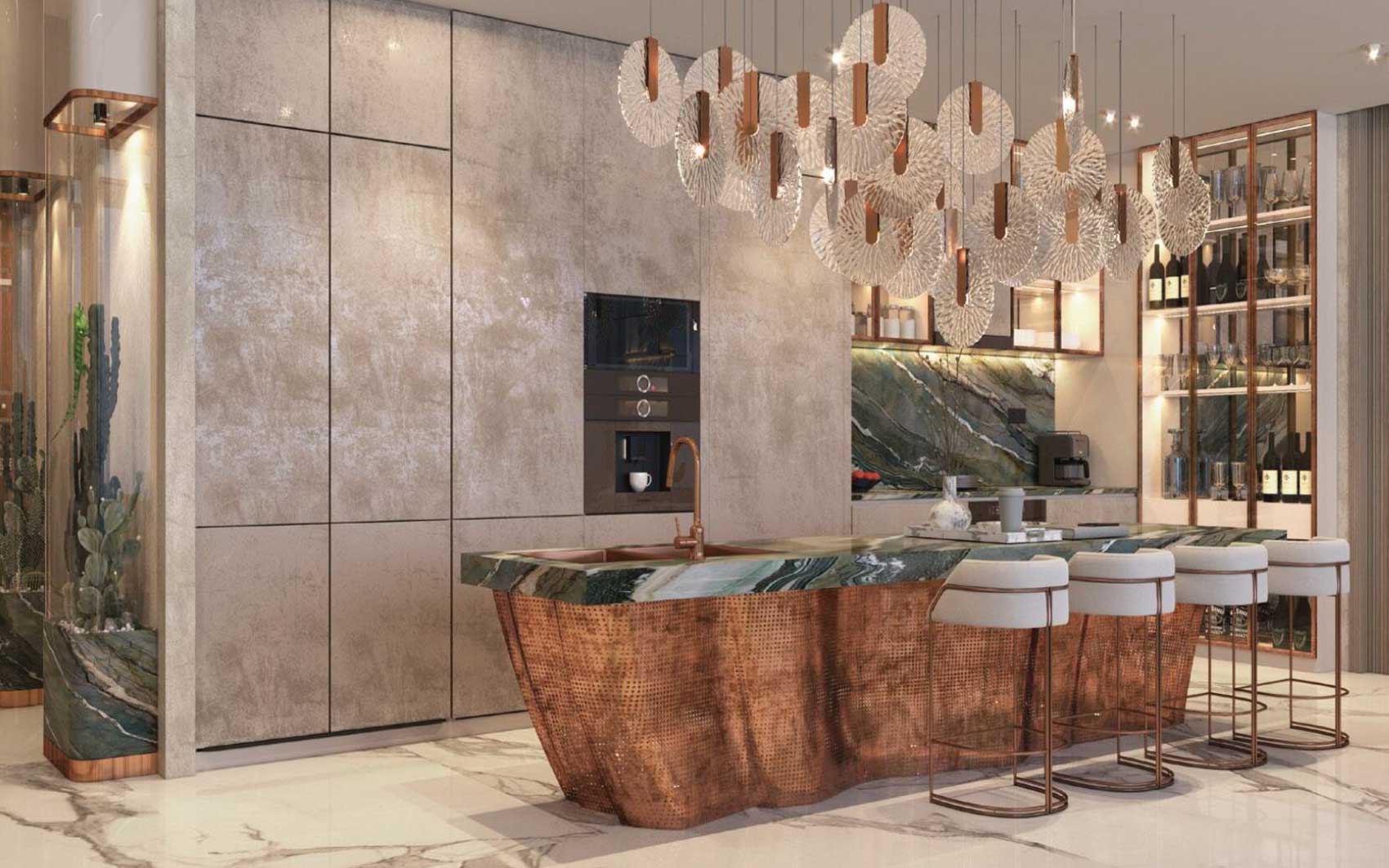Modern kitchen with artistic copper island, marble countertops, and designer lighting