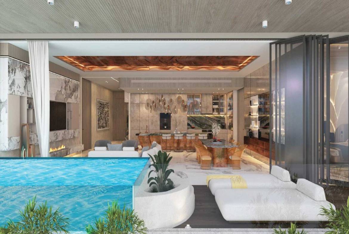 Luxury open-plan living area with infinity pool and contemporary interior design