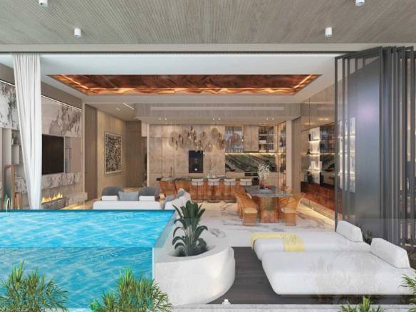 Luxury open-plan living area with infinity pool and contemporary interior design